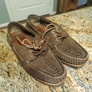FRYE Men's Brown Woven Leather 3-Eye Boat Shoes Loafers Size 9